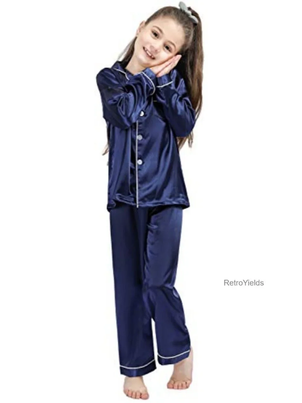 Kids Silk Satin Pajama Set Long Sleeve Button Down Loungewear Sleepwear PJS